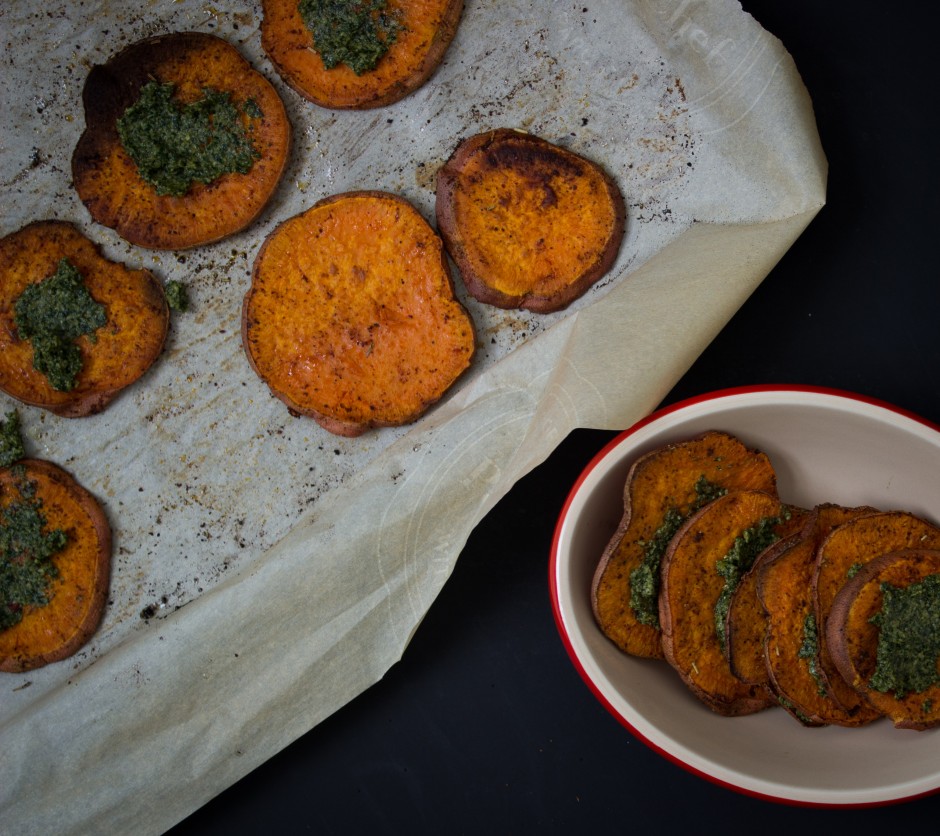 Roasted Sweet Potato with Kale + Walnut Pesto