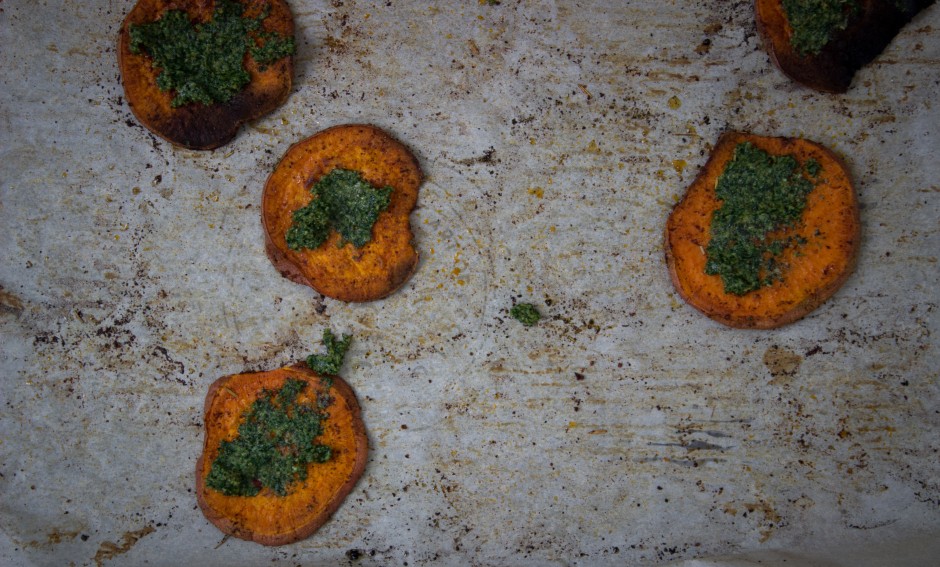 Roasted Sweet Potato with Kale + Walnut Pesto